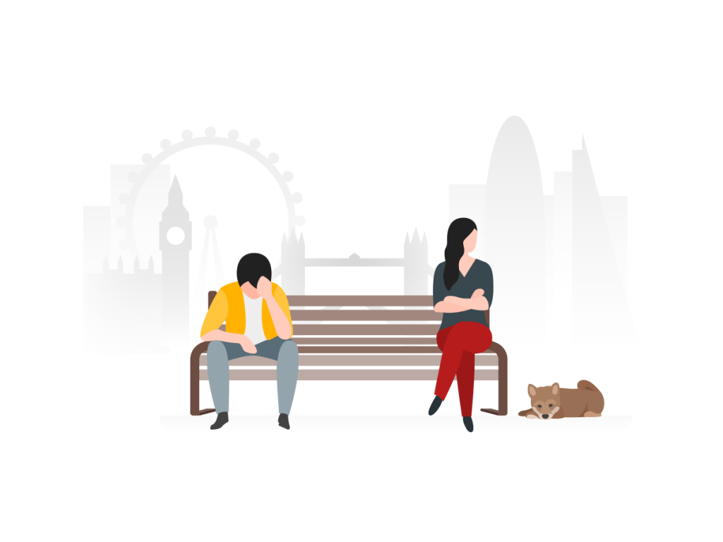 Couple on park bench looking troubled - illustration by Ouch.pics