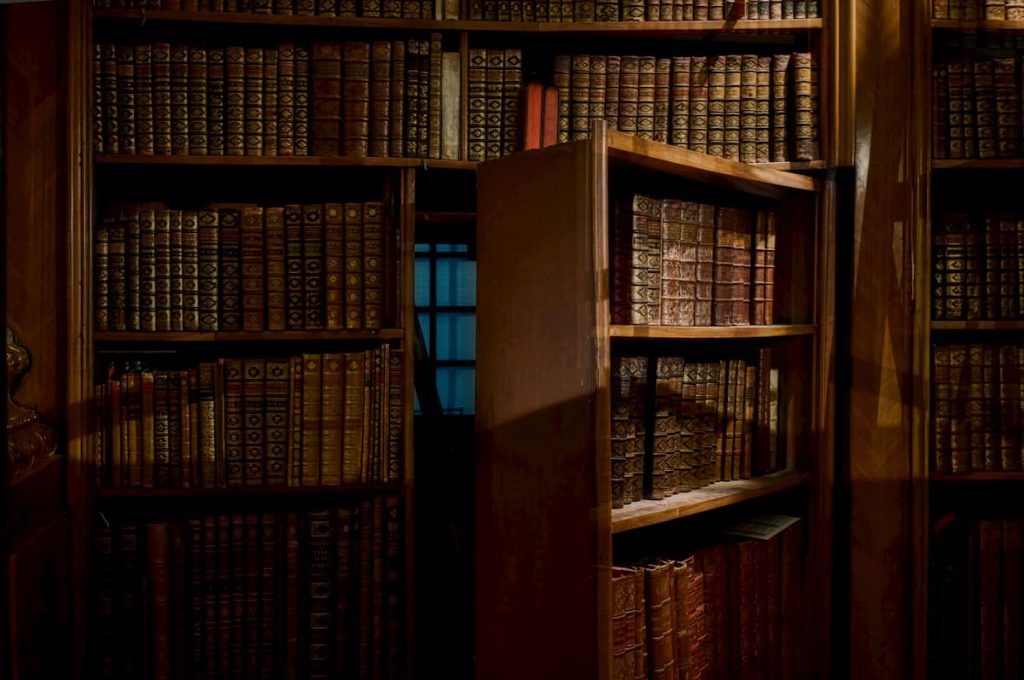 Library shelves full of old books